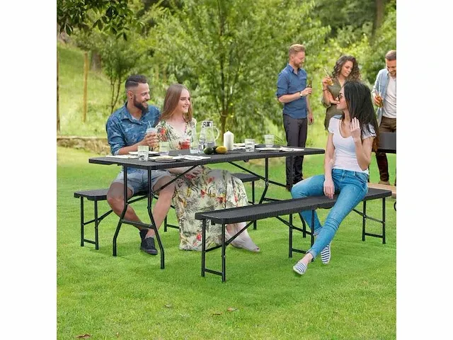 Rotan look opvouwbare 3-delige set met tafel en 2 banken - afbeelding 1 van  6