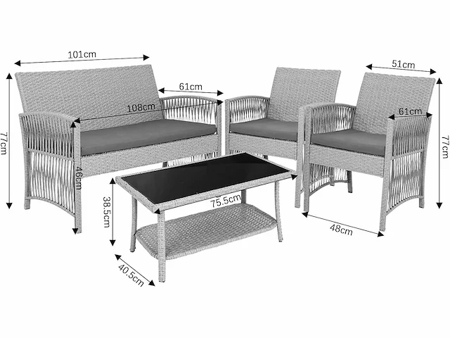 Rotan tuinmeubelen voor buiten, 4 stuks, 1 x tweepersoonsbank + 2 x enkele fauteuils + 1 x salontafel - afbeelding 2 van  7