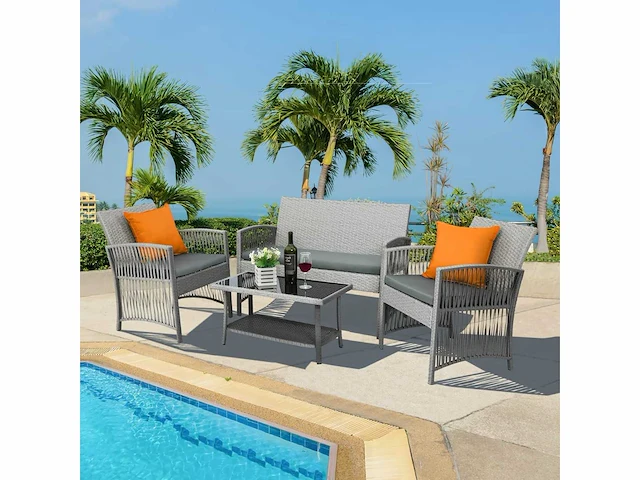 Rotan tuinmeubelen voor buiten, 4 stuks, 1 x tweepersoonsbank + 2 x enkele fauteuils + 1 x salontafel - afbeelding 6 van  7