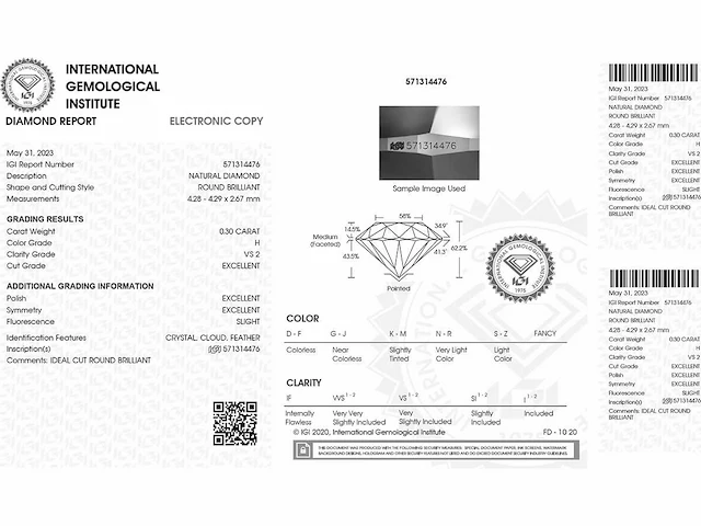 Round- natural mined diamond 0.30 cts igi certified h vs2 - afbeelding 2 van  5