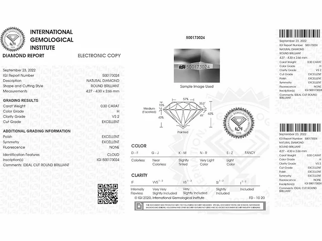 Round- natural mined diamond 0.30 cts igi certified h vs2 - afbeelding 2 van  5