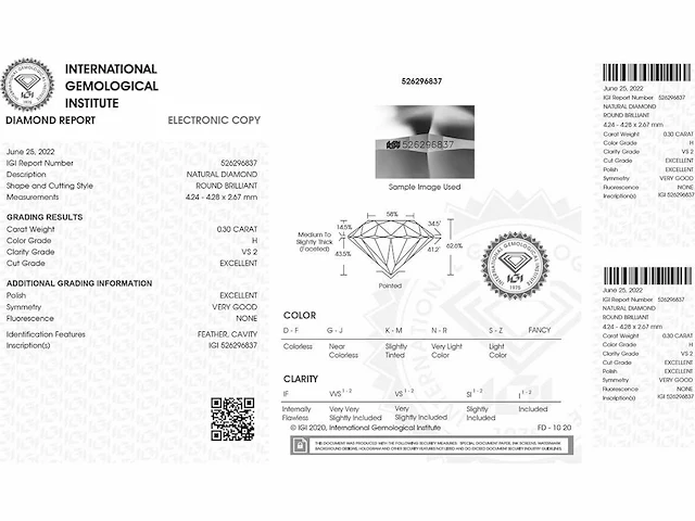 Round- natural mined diamond 0.30 cts igi certified h vs2 - afbeelding 2 van  7