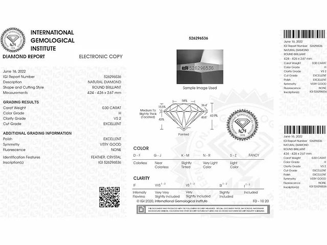 Round- natural mined diamond 0.30 cts igi certified h vs2 - afbeelding 2 van  5