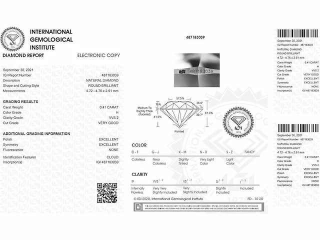 Round- natural mined diamond 0.41 cts igi certified h vvs2 - afbeelding 2 van  7