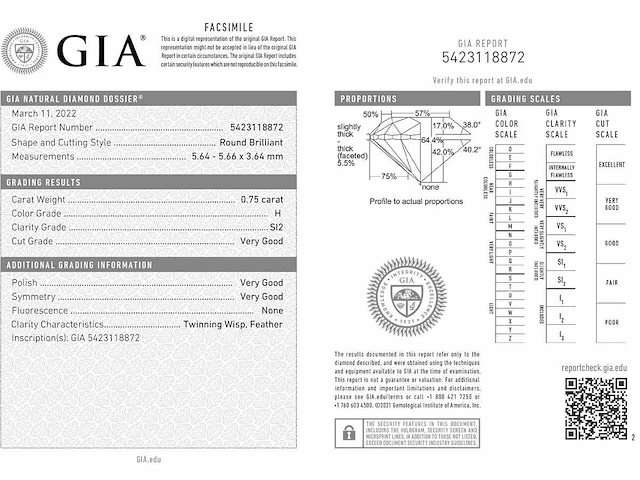 Round- natural mined diamond 0.75 cts gia certified h si2 - afbeelding 2 van  5