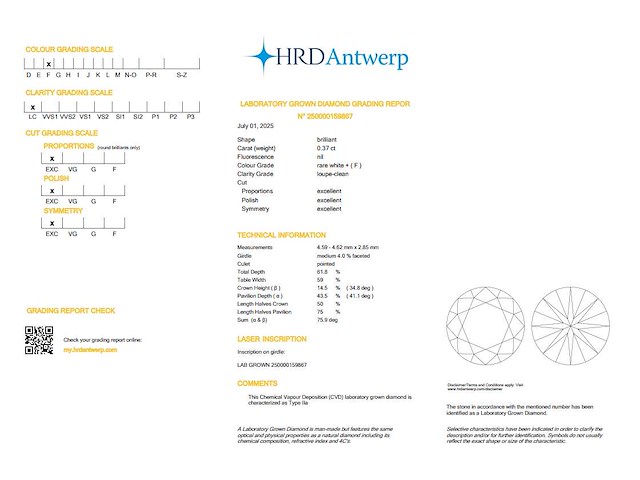 Round brilliant diamant 0.37ct – f/lc – hrd - afbeelding 3 van  3