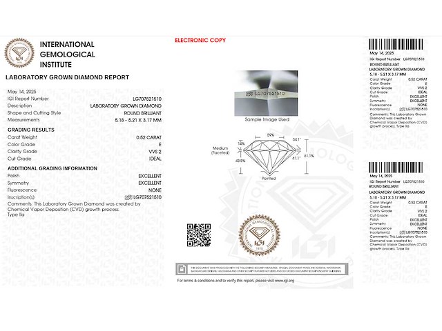 Round brilliant diamant 0.52ct – e/vvs2 – igi - afbeelding 3 van  3