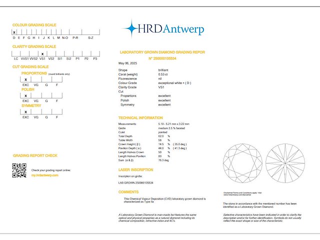 Round brilliant diamant 0.53ct – d/vs1 – hrd - afbeelding 3 van  3
