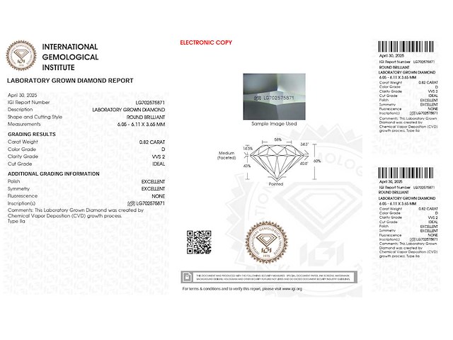 Round brilliant diamant 0.82 ct – d/vvs2 – igi - afbeelding 3 van  3