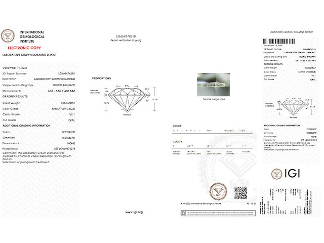 Round brilliant diamant 1.05 ct – fancy vivid blue/vs1 – igi - afbeelding 3 van  3