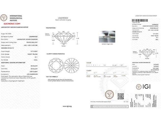 Round brilliant diamant 1.07 ct – fancy yellow/vs1 – igi - afbeelding 2 van  2