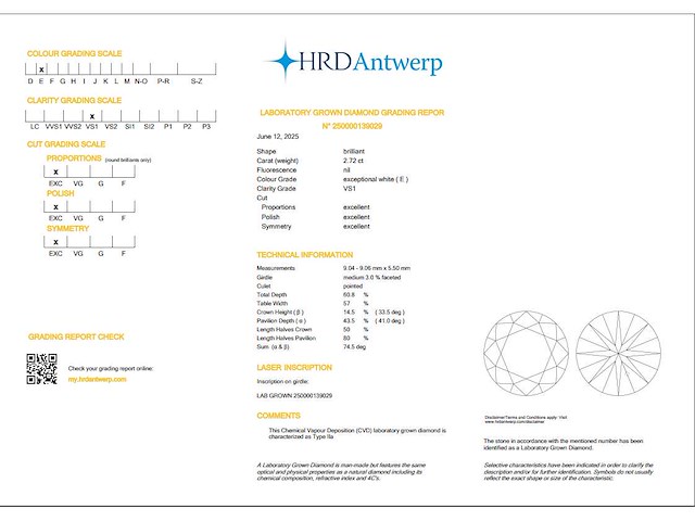 Round diamant 2.72ct – e/vs1 – hrd - afbeelding 3 van  3