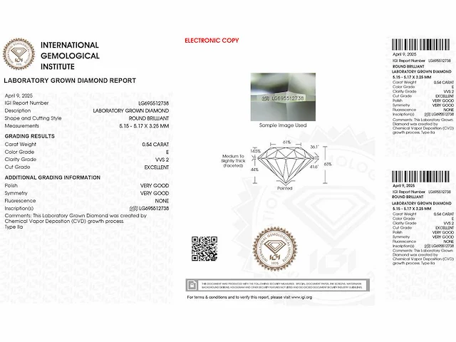 Round diamond 0.54 cts e vvs2 - afbeelding 7 van  7