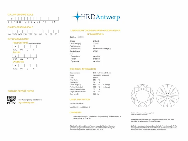 Round diamond 0.85 ct e/vvs2 (hrd certified) - afbeelding 4 van  4
