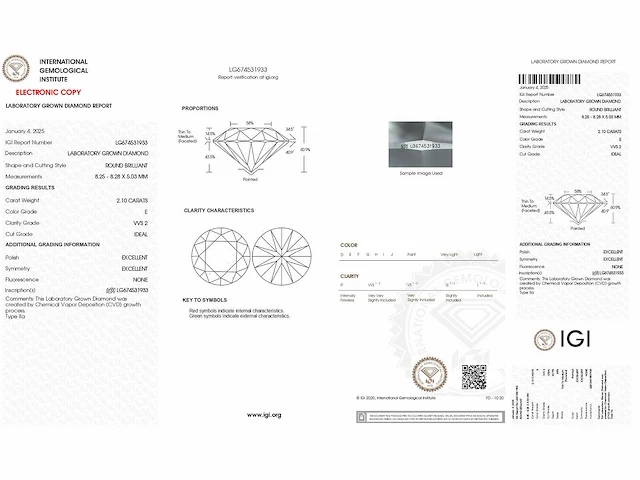Round diamond 2.10 e/vvs2 (igi certified) - afbeelding 4 van  5