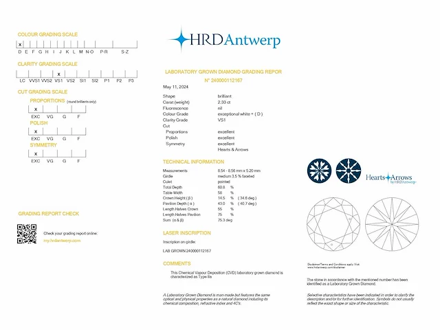 Round diamond 2.33 ct d/vs1 (hrd certified) - afbeelding 4 van  4