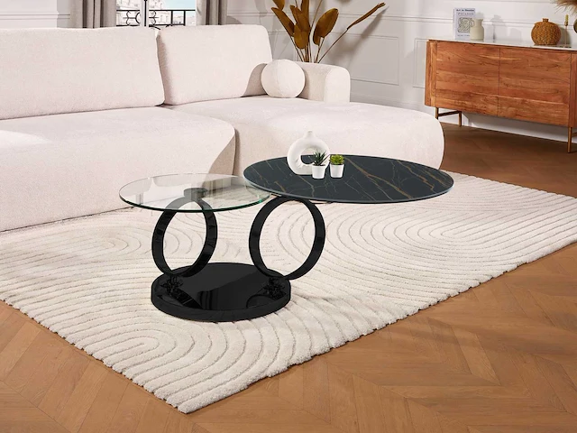 Salontafel met draaibare bladen van keramiek, gehard glas en metaal - zwart marmereffect - maison céphy - afbeelding 1 van  8