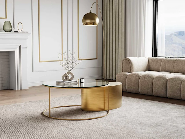Salontafels van gehard glas en metaal - helder en goud - afbeelding 1 van  5