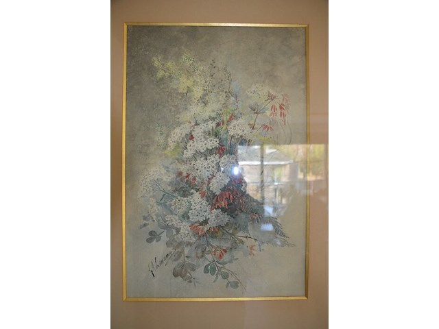 Schilderij bloemen achter glas getekend, 2 sierstukken - afbeelding 5 van  9