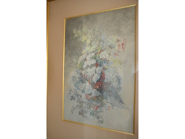 Schilderij bloemen achter glas getekend, 2 sierstukken - afbeelding 6 van  9