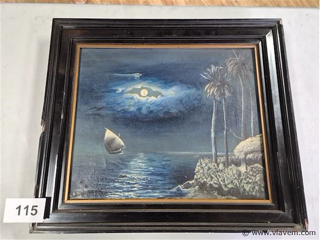 Schilderij boot en maan, gesigneerd - afbeelding 1 van  3
