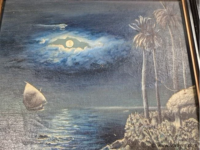 Schilderij boot en maan, gesigneerd - afbeelding 2 van  3