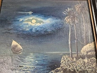Schilderij boot en maan, gesigneerd - afbeelding 2 van  3