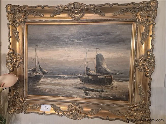 Schilderij marine olie op doek, gesigneerd, 92x74cm - afbeelding 1 van  3