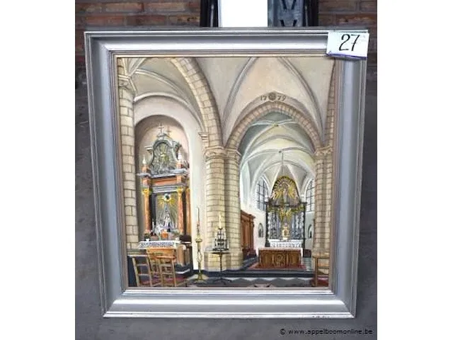 Schilderij op doek voorstellende kerkinterieur, getekend, afm plm 72x83cm - afbeelding 1 van  3