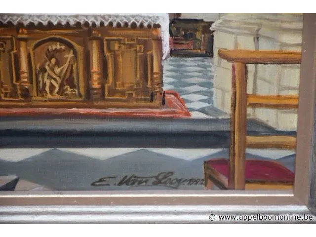 Schilderij op doek voorstellende kerkinterieur, getekend, afm plm 72x83cm - afbeelding 2 van  3