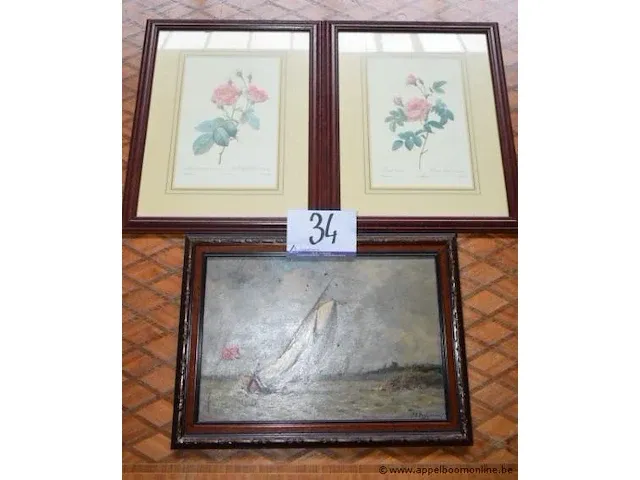 Schilderij op doek voorstellende zeilboot, get plus 2 div tekeningen in kader - afbeelding 1 van  3