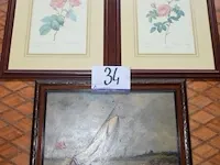 Schilderij op doek voorstellende zeilboot, get plus 2 div tekeningen in kader - afbeelding 1 van  3