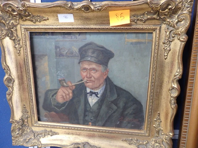Schilderij pijproker 49cm x 44cm 1916 gesigneerd j.d. - afbeelding 1 van  3