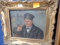 Schilderij pijproker 49cm x 44cm 1916 gesigneerd j.d. - afbeelding 1 van  3