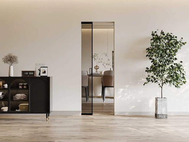 Schuifdeur met zaksysteem - aluminium en gerookt gehard glas - h205 x b63 cm - afbeelding 2 van  4