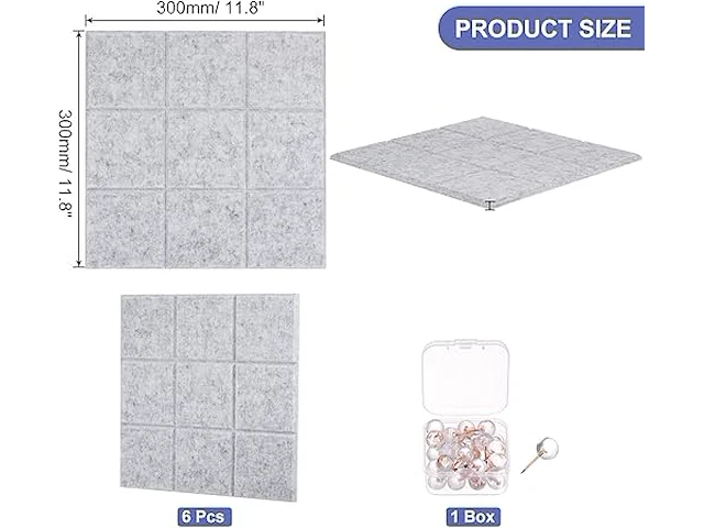 Set v 6 akoustische panelen vilt 30x30cm grijs - afbeelding 2 van  3