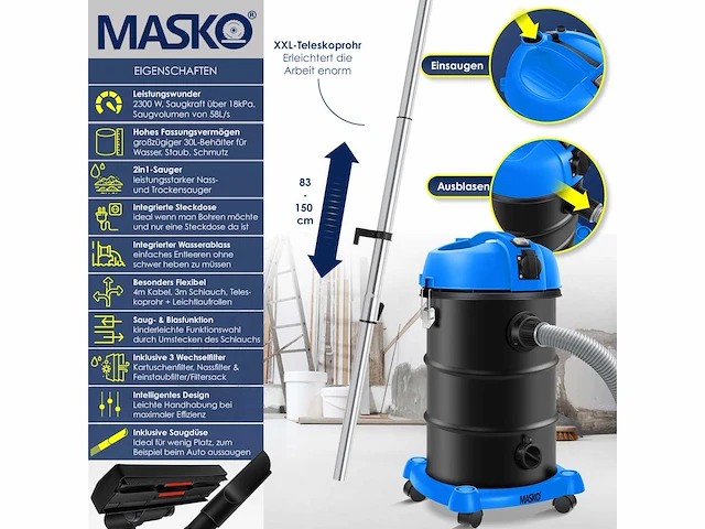 Set van 2 multifunctionele stofzuigers 6in1 nat & droog stofzuiger 2300w + stekker - afbeelding 2 van  5