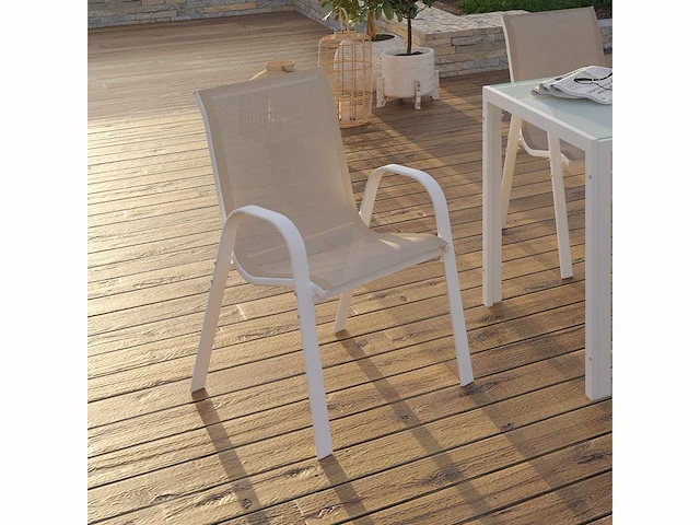 Set van 6 tuinstoelen - metaal en textileen stapelbaar wit en beige - afbeelding 3 van  7