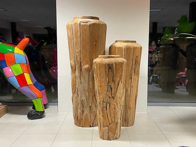 Set vazen in teak h150cm, h120cm & h100cm - afbeelding 1 van  1
