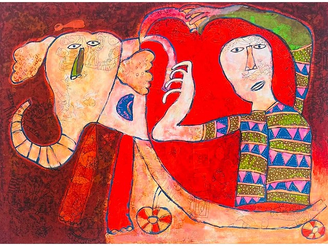 Shahid parvez - man met olifant - kleurenzeefdruk - afbeelding 1 van  6