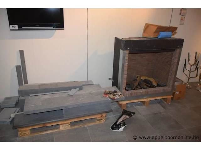 Showroom inbouw gashaard bellfires classic bell medium 3 plus schoorsteenmantel arduin licht gezoet afm 135x35x120cm,gedemonteerd - afbeelding 1 van  4