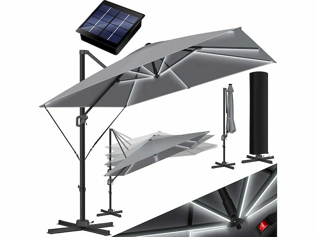 Solar led parasol xl 300 x 300 cm met hoes en windbescherming - afbeelding 1 van  6