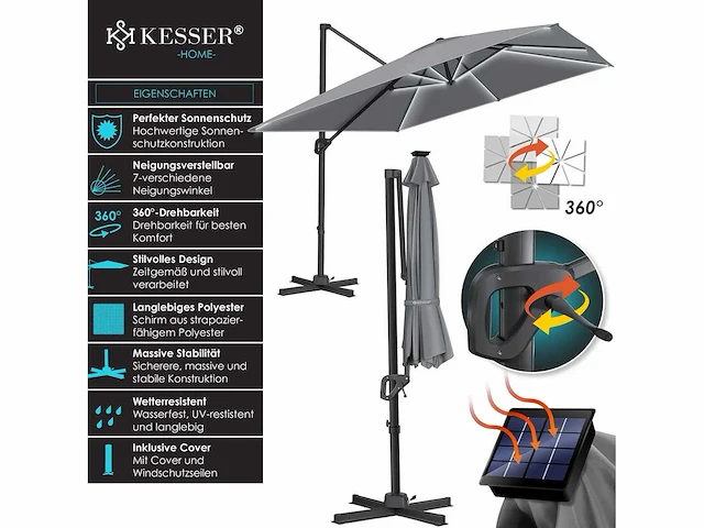 Solar led parasol xl 300 x 300 cm met hoes en windbescherming - afbeelding 2 van  6
