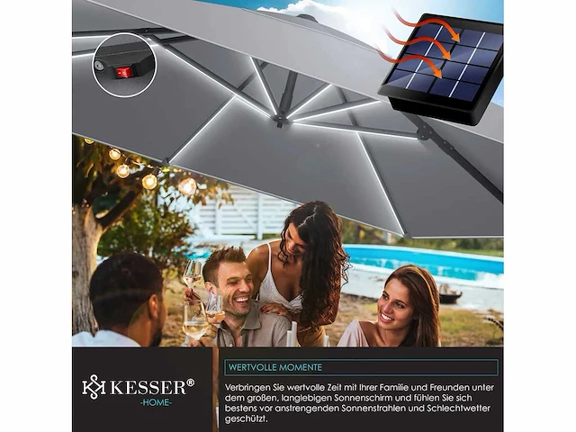 Solar led parasol xl 300 x 300 cm met hoes en windbescherming - afbeelding 3 van  6