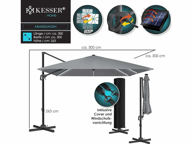 Solar led parasol xl 300 x 300 cm met hoes en windbescherming - afbeelding 6 van  6