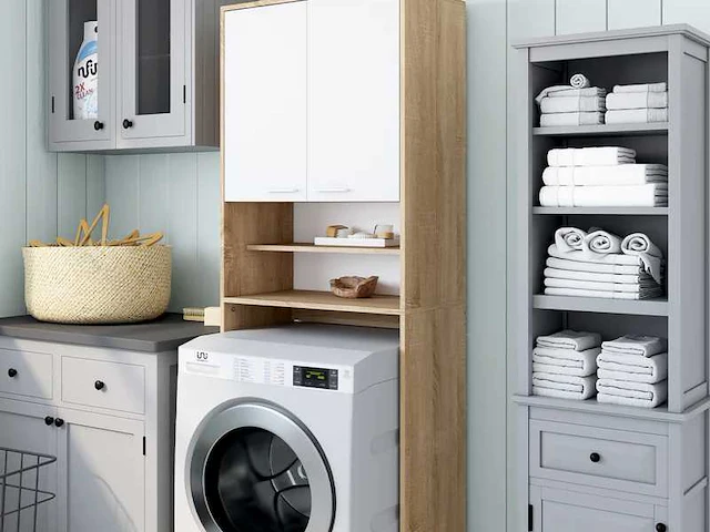 Speciale kast bovenop de wasmachine - wit en hout - afbeelding 1 van  5