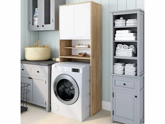 Speciale kast bovenop de wasmachine - wit en hout - afbeelding 2 van  5