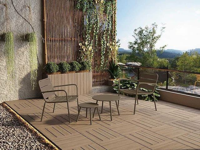 Stapelbare metalen onderstel fauteuil - taupe (x4) + gele tuinstoel (x2) - afbeelding 1 van  7