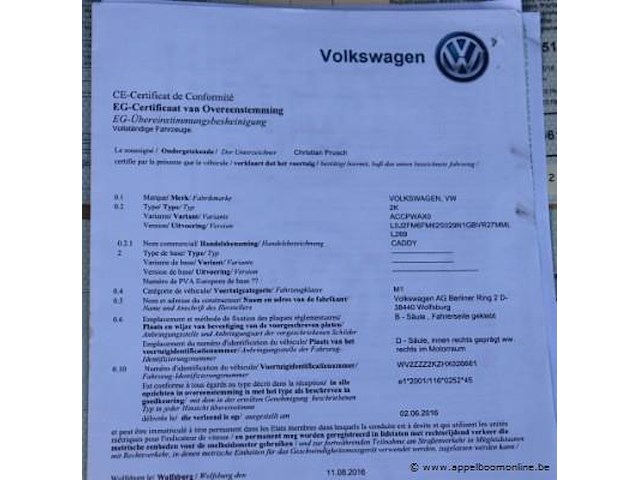Stationwagen volkswagen caddy, datum 1ste inschrijving 25/8/2016, chassisnummer wv2zzz2kzhx02661, km-stand lng, cng, euro 6b, kenteken i+ii, gelijkvormigheidssattest - afbeelding 2 van  12