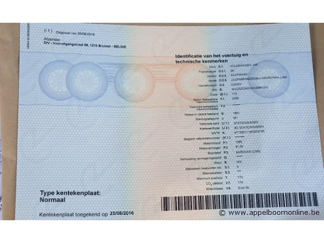 Stationwagen volkswagen caddy, datum 1ste inschrijving 25/8/2016, chassisnummer wv2zzz2kzhx02661, km-stand lng, cng, euro 6b, kenteken i+ii, gelijkvormigheidssattest - afbeelding 12 van  12